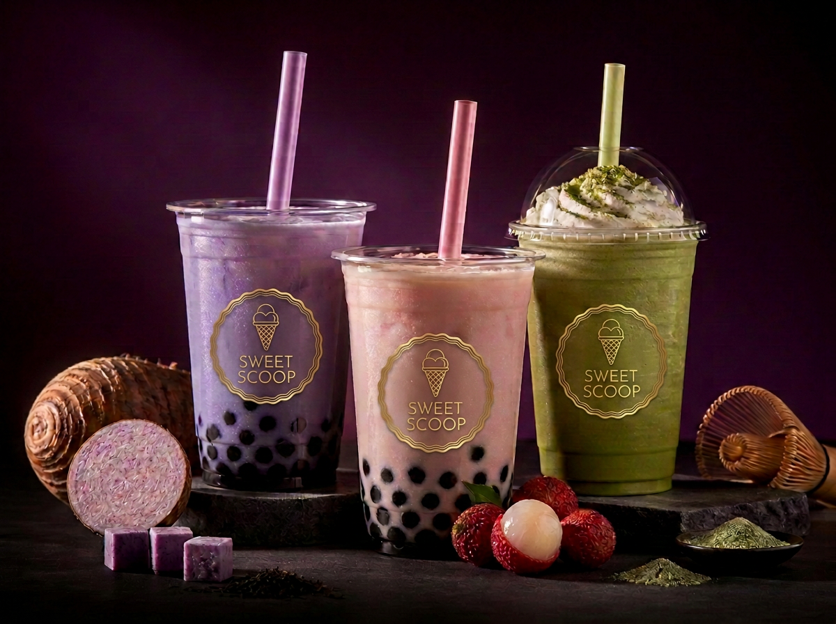 Taro and lychee bubble teas with tapioca pearls beside a matcha shake