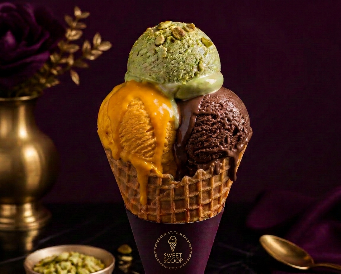 Triple scoop of pistachio, raspberry chip and taro gelato in a waffle cone